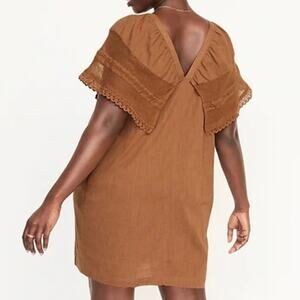 OLD NAVY | Flutter-Sleeve Tie-Back Mini Swing Dress "Sisal" Burnt Orange | Large